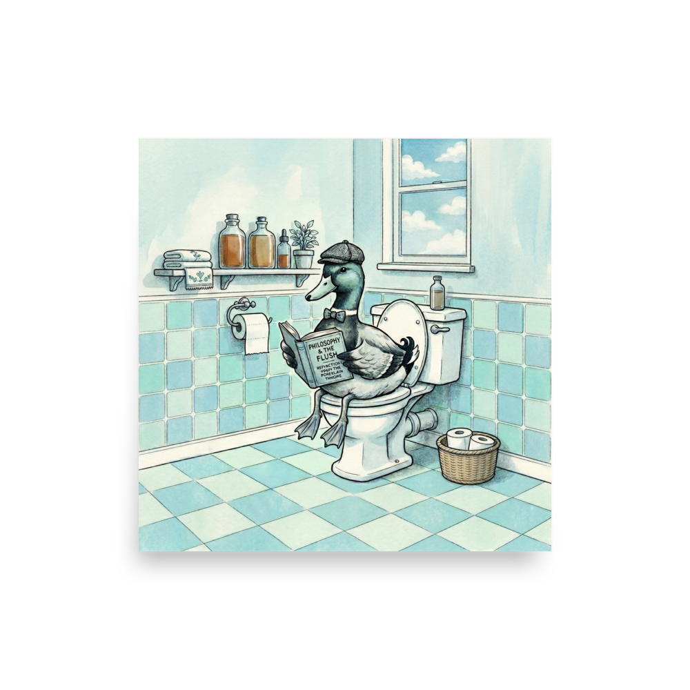 'The Philosophical Duck' — a Lowbrow,Pop art print. A whimsical illustration of a duck in a cap and bowtie reading a book on the toilet in a light blue bathroom.