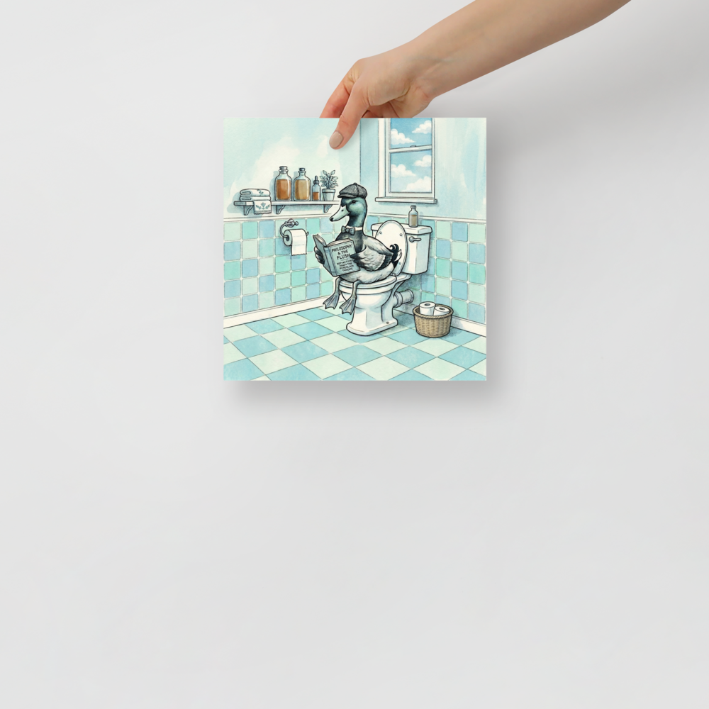 'The Philosophical Duck' — a Lowbrow,Pop art print. A whimsical illustration of a duck in a cap and bowtie reading a book on the toilet in a light blue bathroom.