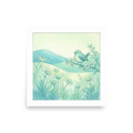 'Springtime Serenade' — a Naive art,Folk art print. A light watercolor illustration of a bluebird singing on a blooming branch over a field of daisies, perfect for a nursery or sunroom.