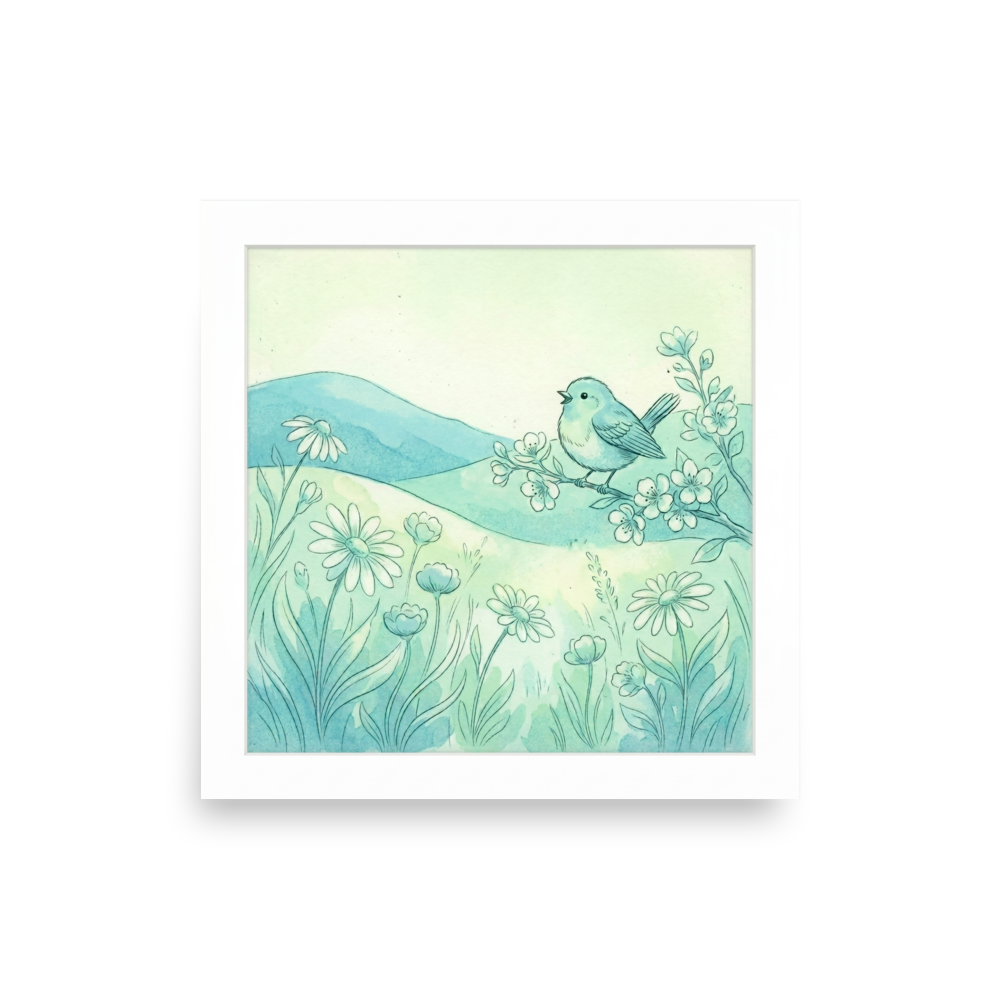 'Springtime Serenade' — a Naive art,Folk art print. A light watercolor illustration of a bluebird singing on a blooming branch over a field of daisies, perfect for a nursery or sunroom.