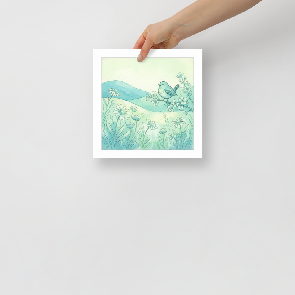 'Springtime Serenade' — a Naive art,Folk art print. A light watercolor illustration of a bluebird singing on a blooming branch over a field of daisies, perfect for a nursery or sunroom.