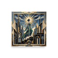 'Ascent of the Moon Goddess' — a Art Deco print. A majestic woman holding a moon staff ascends a geometric staircase in a golden city under a radiant sunburst, an empowering piece for a bedroom or studio.
