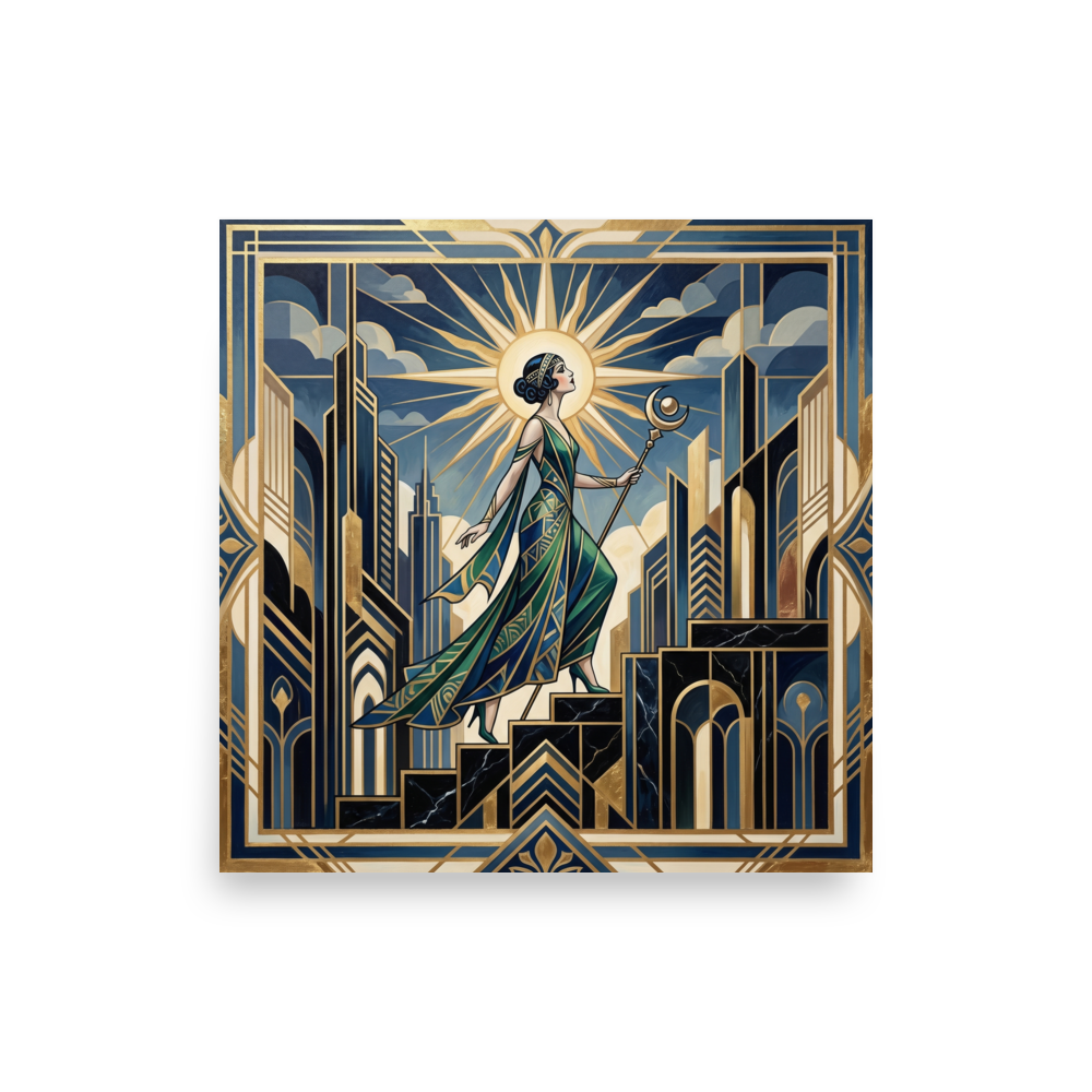 'Ascent of the Moon Goddess' — a Art Deco print. A majestic woman holding a moon staff ascends a geometric staircase in a golden city under a radiant sunburst, an empowering piece for a bedroom or studio.