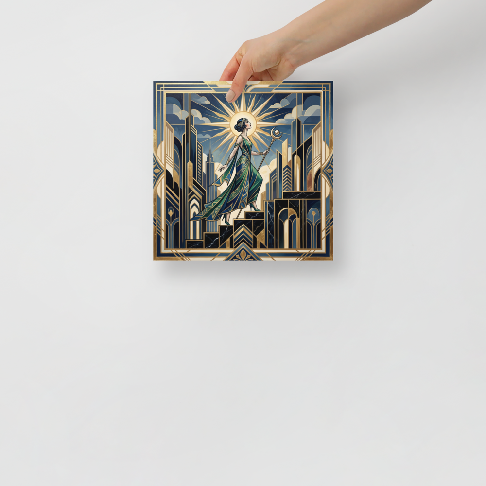 'Ascent of the Moon Goddess' — a Art Deco print. A majestic woman holding a moon staff ascends a geometric staircase in a golden city under a radiant sunburst, an empowering piece for a bedroom or studio.