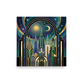 'Midnight Metropolis' — a Art Deco print. A stylized night cityscape with grand Art Deco towers beneath a starry sky featuring both the sun and moon, a captivating piece for a living room or office.