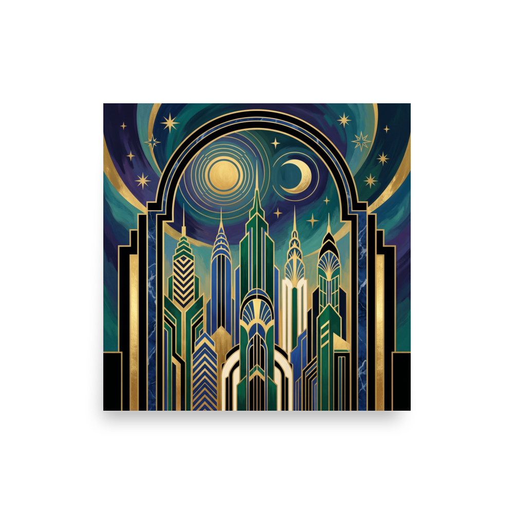 'Midnight Metropolis' — a Art Deco print. A stylized night cityscape with grand Art Deco towers beneath a starry sky featuring both the sun and moon, a captivating piece for a living room or office.