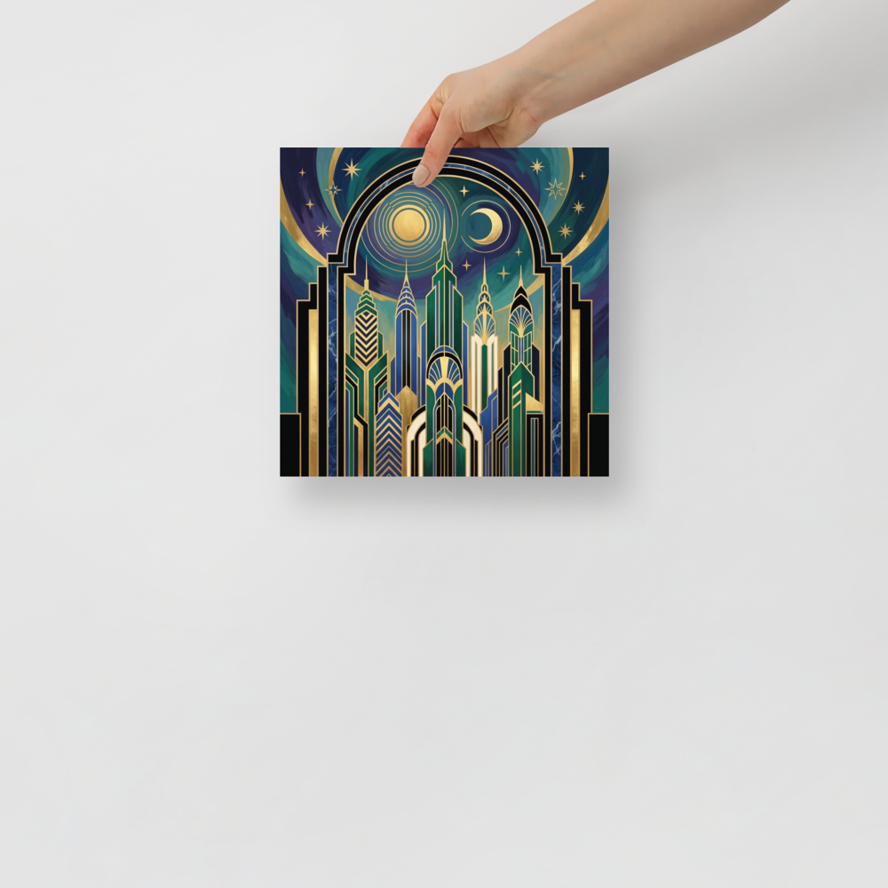 'Midnight Metropolis' — a Art Deco print. A stylized night cityscape with grand Art Deco towers beneath a starry sky featuring both the sun and moon, a captivating piece for a living room or office.