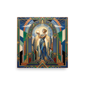 'Bearer of Light' — a Art Deco print. A serene woman holding a glowing orb stands before a majestic archway and city skyline in this bold, symmetrical piece, perfect for a meditation room.