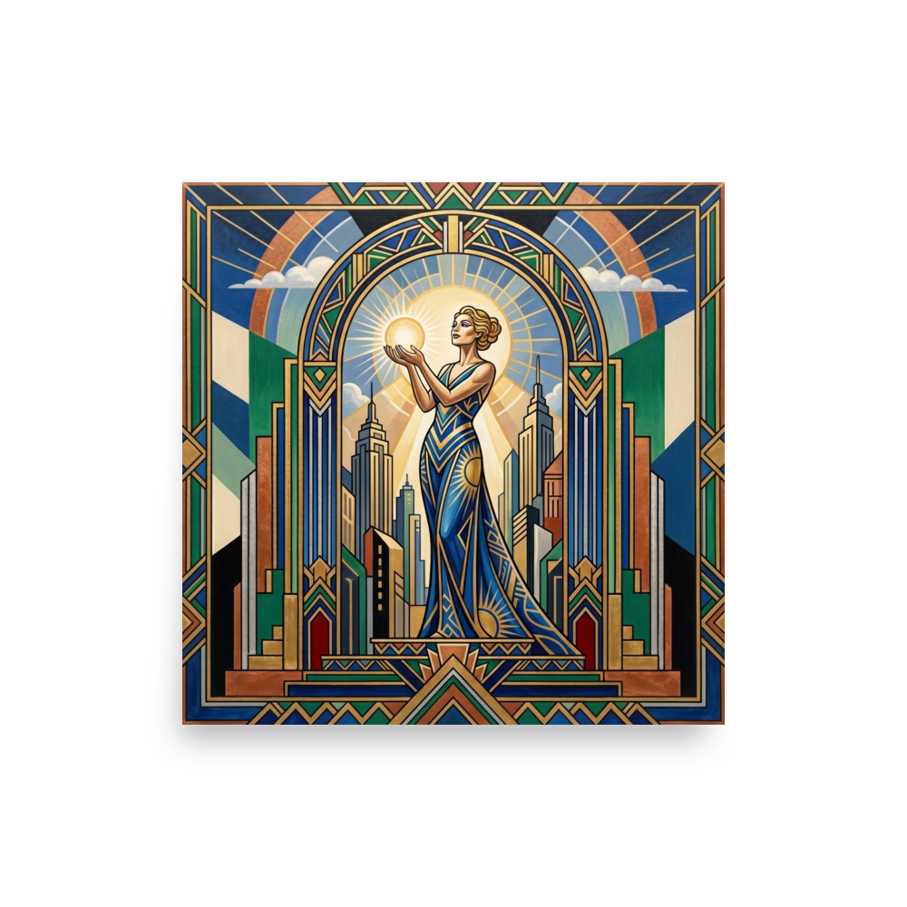 'Bearer of Light' — a Art Deco print. A serene woman holding a glowing orb stands before a majestic archway and city skyline in this bold, symmetrical piece, perfect for a meditation room.