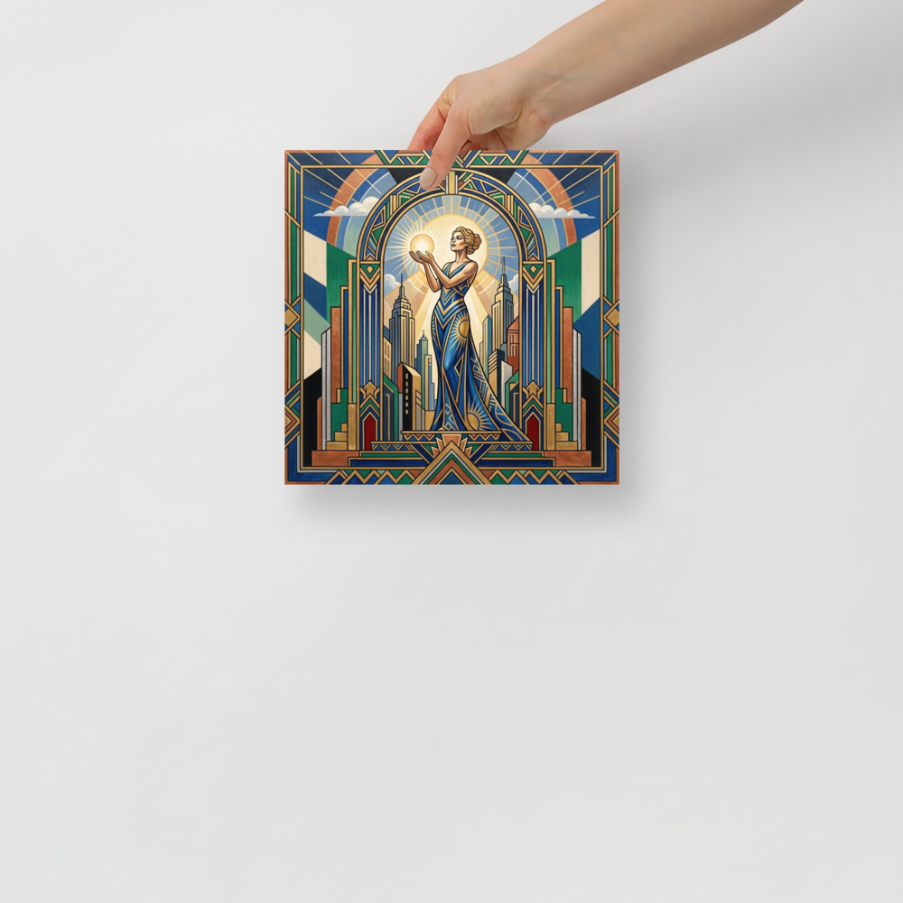 'Bearer of Light' — a Art Deco print. A serene woman holding a glowing orb stands before a majestic archway and city skyline in this bold, symmetrical piece, perfect for a meditation room.