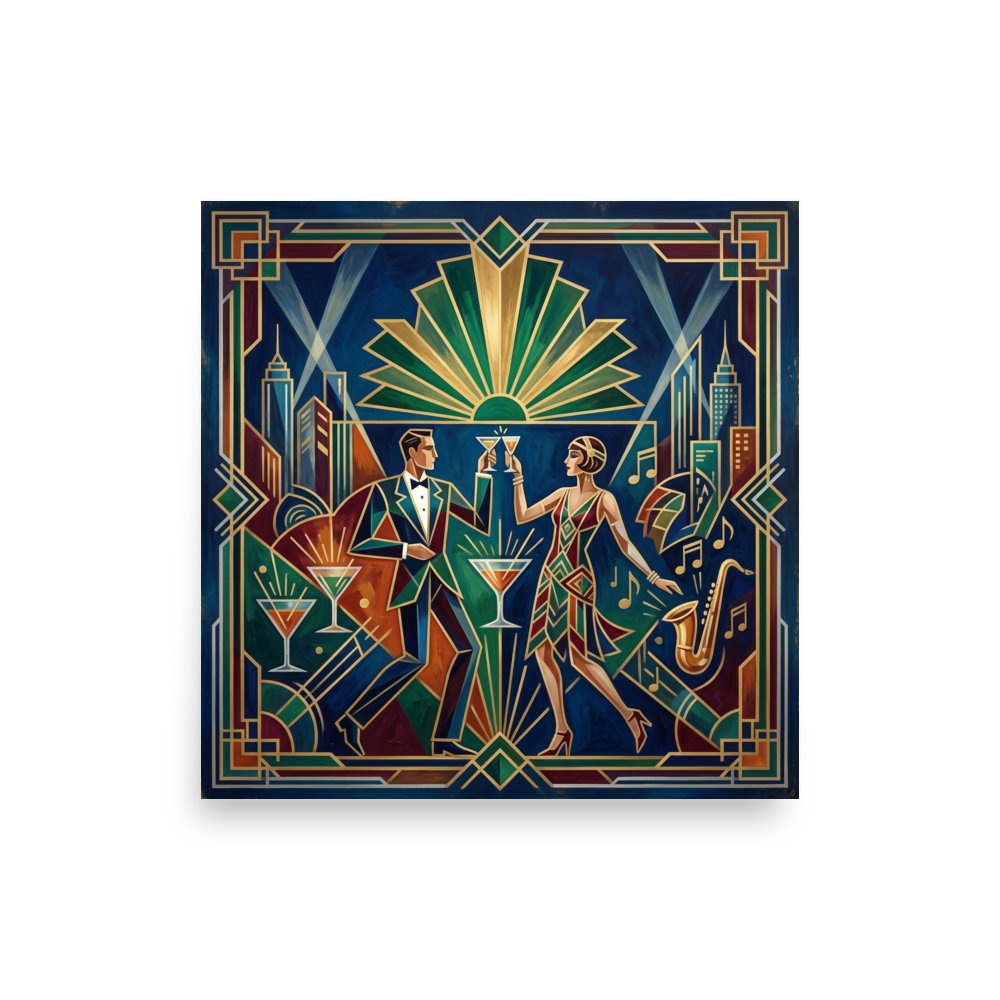 'The Jazz Age Toast' — a Art Deco print. A stylish couple in 1920s attire raises a toast against a geometric city skyline, creating a glamorous focal point for a home bar.