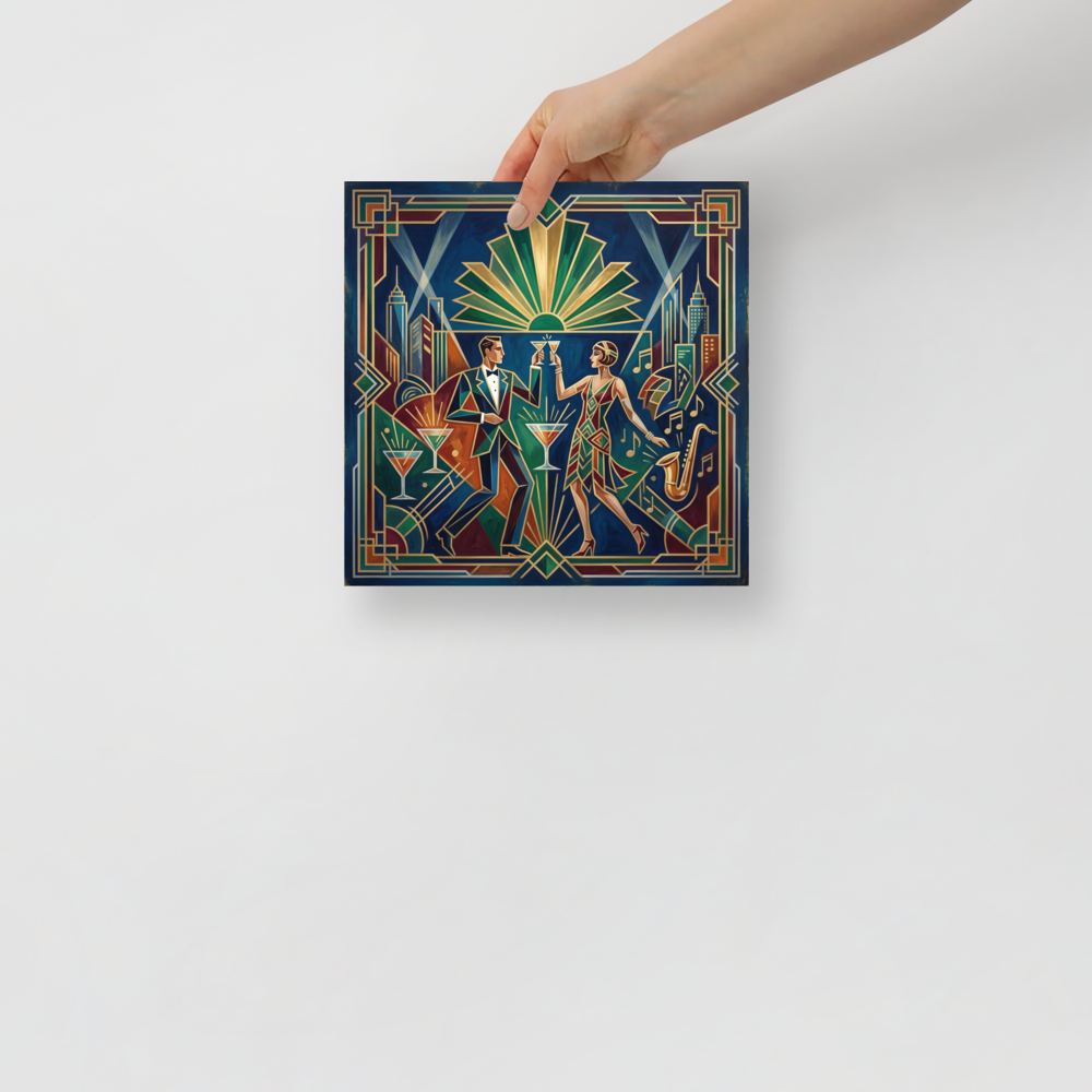 'The Jazz Age Toast' — a Art Deco print. A stylish couple in 1920s attire raises a toast against a geometric city skyline, creating a glamorous focal point for a home bar.