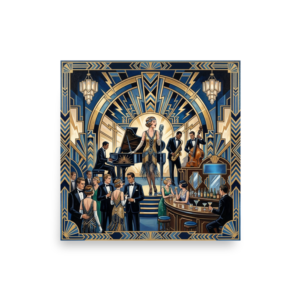 'The Jazz Age Symphony' — a Art Deco print. A glamorous Art Deco nightclub scene with a singer, jazz band, and elegant patrons, ideal for a Dining Room.