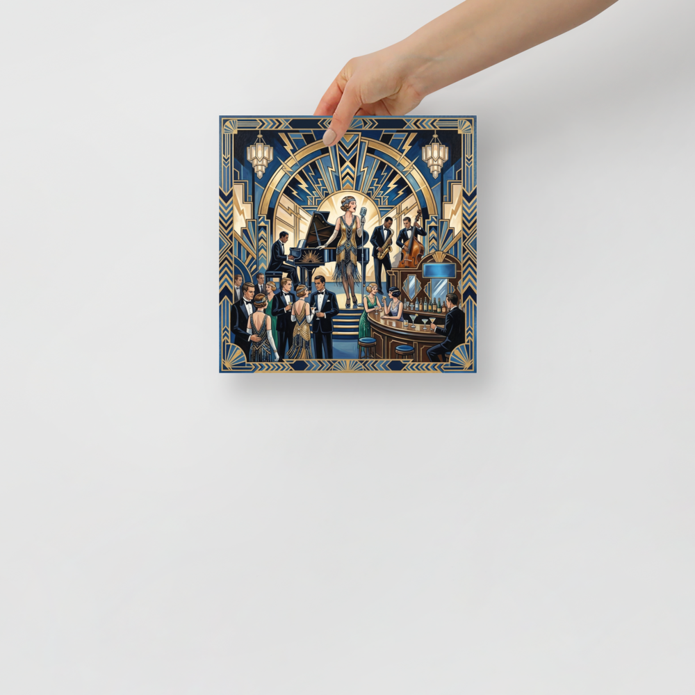 'The Jazz Age Symphony' — a Art Deco print. A glamorous Art Deco nightclub scene with a singer, jazz band, and elegant patrons, ideal for a Dining Room.