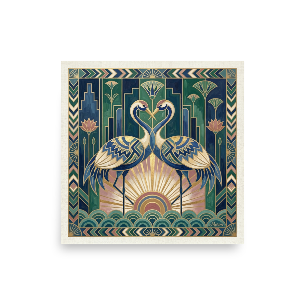'The Deco Cranes' — a Art Deco print. Two elegant cranes facing each other in a symmetrical Art Deco style with water waves and lotus flowers, ideal for a Bedroom.