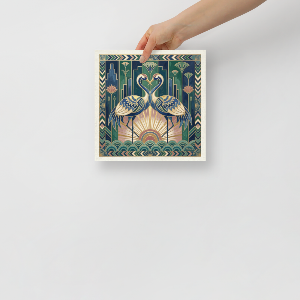 'The Deco Cranes' — a Art Deco print. Two elegant cranes facing each other in a symmetrical Art Deco style with water waves and lotus flowers, ideal for a Bedroom.
