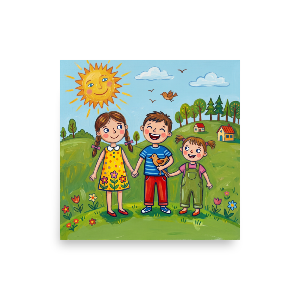 'Friends in the Sun' — a Naive art print. Three smiling children holding hands on a green hill with flowers, trees, houses and a smiling sun, perfect for a lively playroom.