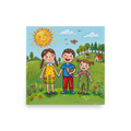 'Friends in the Sun' — a Naive art print. Three smiling children holding hands on a green hill with flowers, trees, houses and a smiling sun, perfect for a lively playroom.