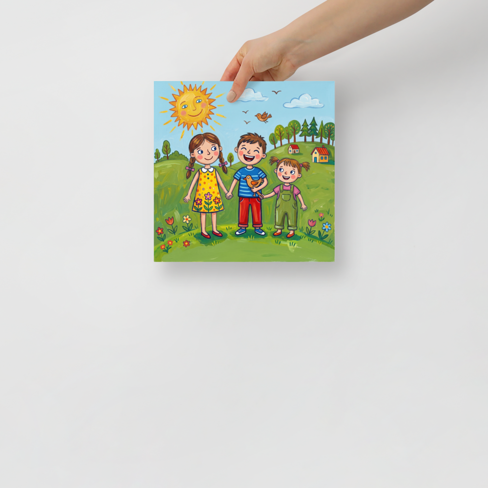 'Friends in the Sun' — a Naive art print. Three smiling children holding hands on a green hill with flowers, trees, houses and a smiling sun, perfect for a lively playroom.
