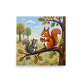 'The Nut Gatherers' — a Naive art print. Two cute squirrels sitting on an oak tree branch holding acorns against a light blue sky and fields, great for a rustic kitchen or nursery.
