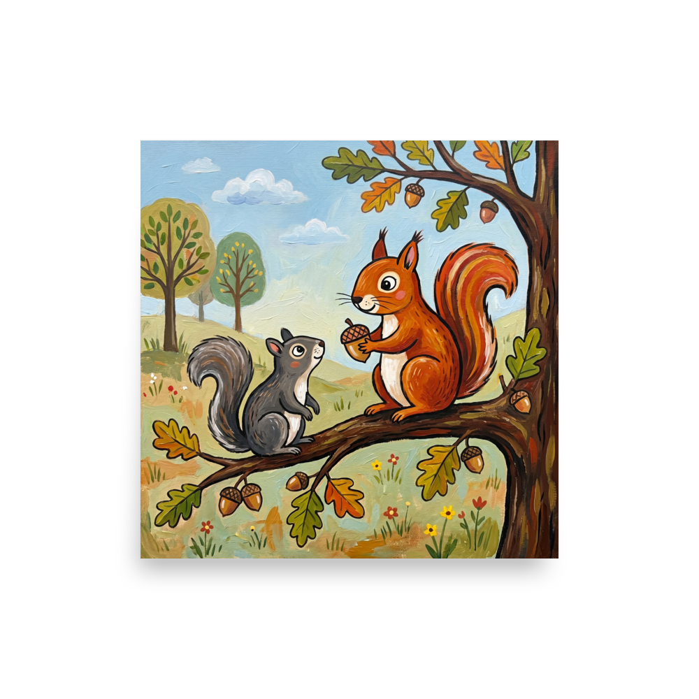 'The Nut Gatherers' — a Naive art print. Two cute squirrels sitting on an oak tree branch holding acorns against a light blue sky and fields, great for a rustic kitchen or nursery.
