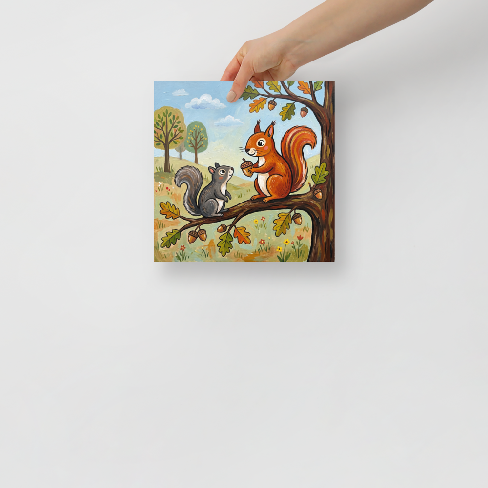 'The Nut Gatherers' — a Naive art print. Two cute squirrels sitting on an oak tree branch holding acorns against a light blue sky and fields, great for a rustic kitchen or nursery.