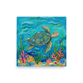 'The Painted Sea Turtle' — a Naive art print. A colorful, intricately patterned sea turtle swimming in deep blue water over bright pink and orange corals, perfect for a coastal bathroom.