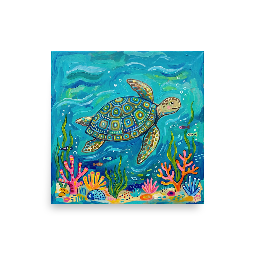 'The Painted Sea Turtle' — a Naive art print. A colorful, intricately patterned sea turtle swimming in deep blue water over bright pink and orange corals, perfect for a coastal bathroom.