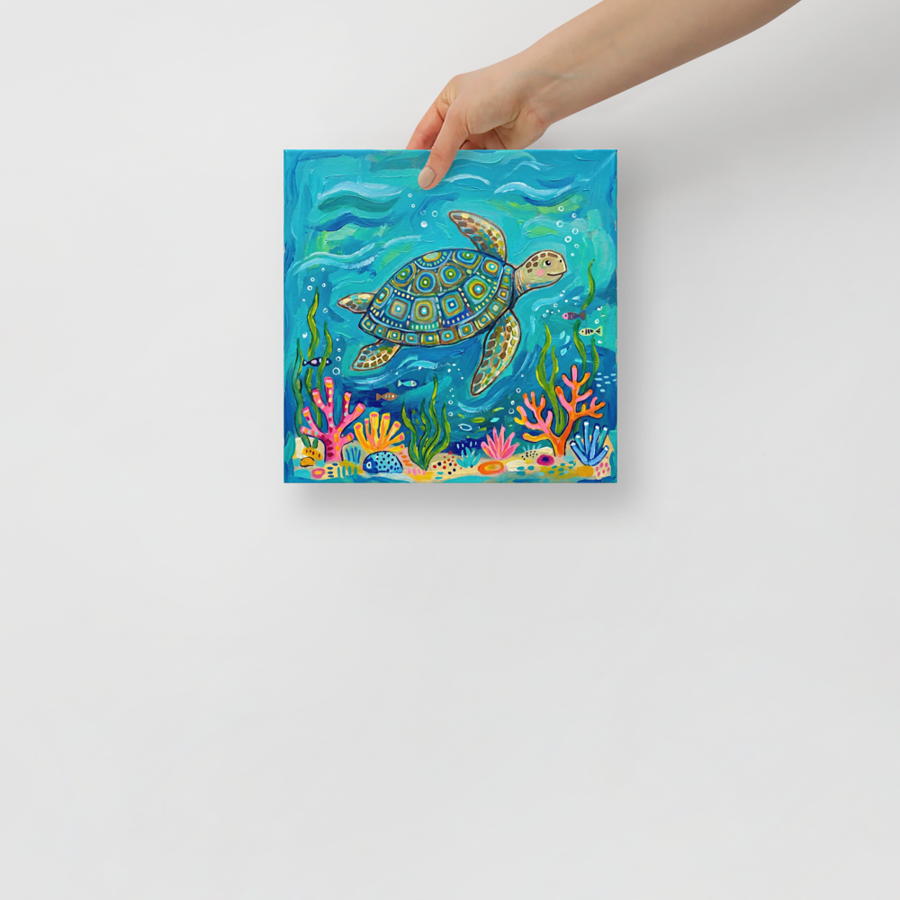 'The Painted Sea Turtle' — a Naive art print. A colorful, intricately patterned sea turtle swimming in deep blue water over bright pink and orange corals, perfect for a coastal bathroom.