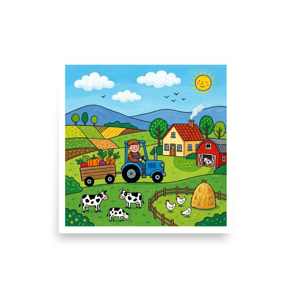 'A Day on the Farm' — a Naive art print. A smiling farmer on a blue tractor with giant vegetables in a green farm with cows, chickens, and a red barn, ideal for a bright kitchen.