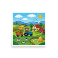 'A Day on the Farm' — a Naive art print. A smiling farmer on a blue tractor with giant vegetables in a green farm with cows, chickens, and a red barn, ideal for a bright kitchen.