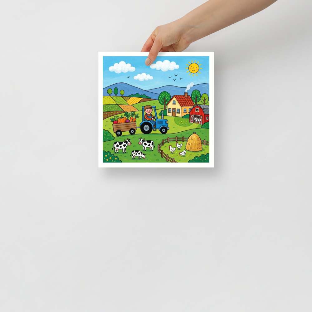'A Day on the Farm' — a Naive art print. A smiling farmer on a blue tractor with giant vegetables in a green farm with cows, chickens, and a red barn, ideal for a bright kitchen.