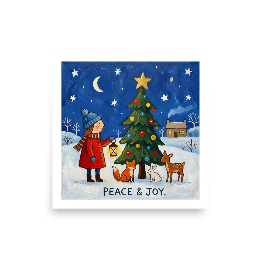 'Peace and Joy' — a Naive art print. A child holding a lantern next to a decorated Christmas tree with a fox, rabbit, and deer in the snow under a starry night sky with the words 'PEACE & JOY.', lovely for a cozy living room.