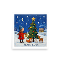 'Peace and Joy' — a Naive art print. A child holding a lantern next to a decorated Christmas tree with a fox, rabbit, and deer in the snow under a starry night sky with the words 'PEACE & JOY.', lovely for a cozy living room.