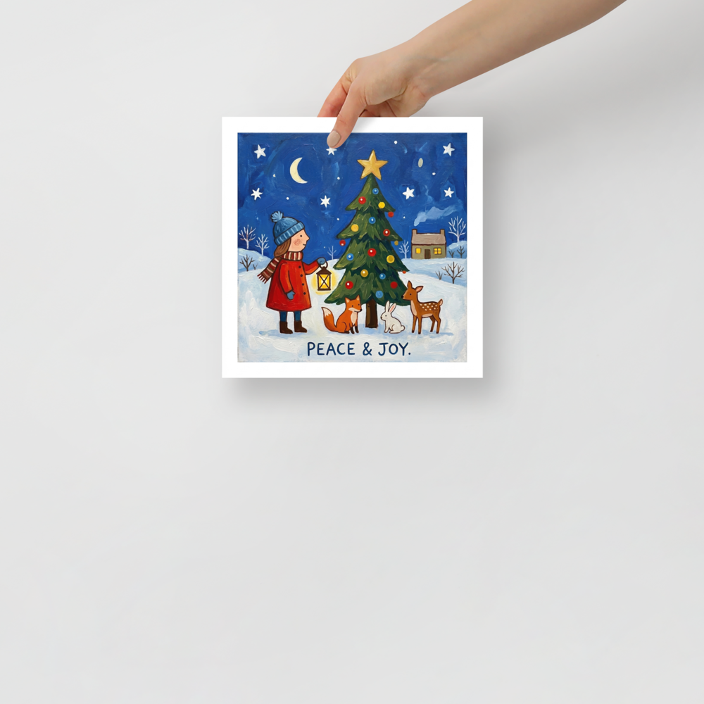 'Peace and Joy' — a Naive art print. A child holding a lantern next to a decorated Christmas tree with a fox, rabbit, and deer in the snow under a starry night sky with the words 'PEACE & JOY.', lovely for a cozy living room.