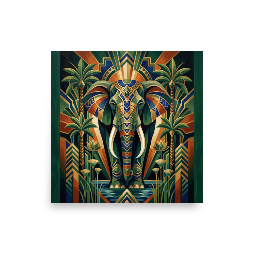 'The Deco Elephant' — a Art Deco print. A regal elephant adorned with geometric patterns in a lush Art Deco oasis with palm trees and a sunburst, fitting for a Sunroom / Conservatory.
