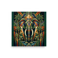 'The Deco Elephant' — a Art Deco print. A regal elephant adorned with geometric patterns in a lush Art Deco oasis with palm trees and a sunburst, fitting for a Sunroom / Conservatory.
