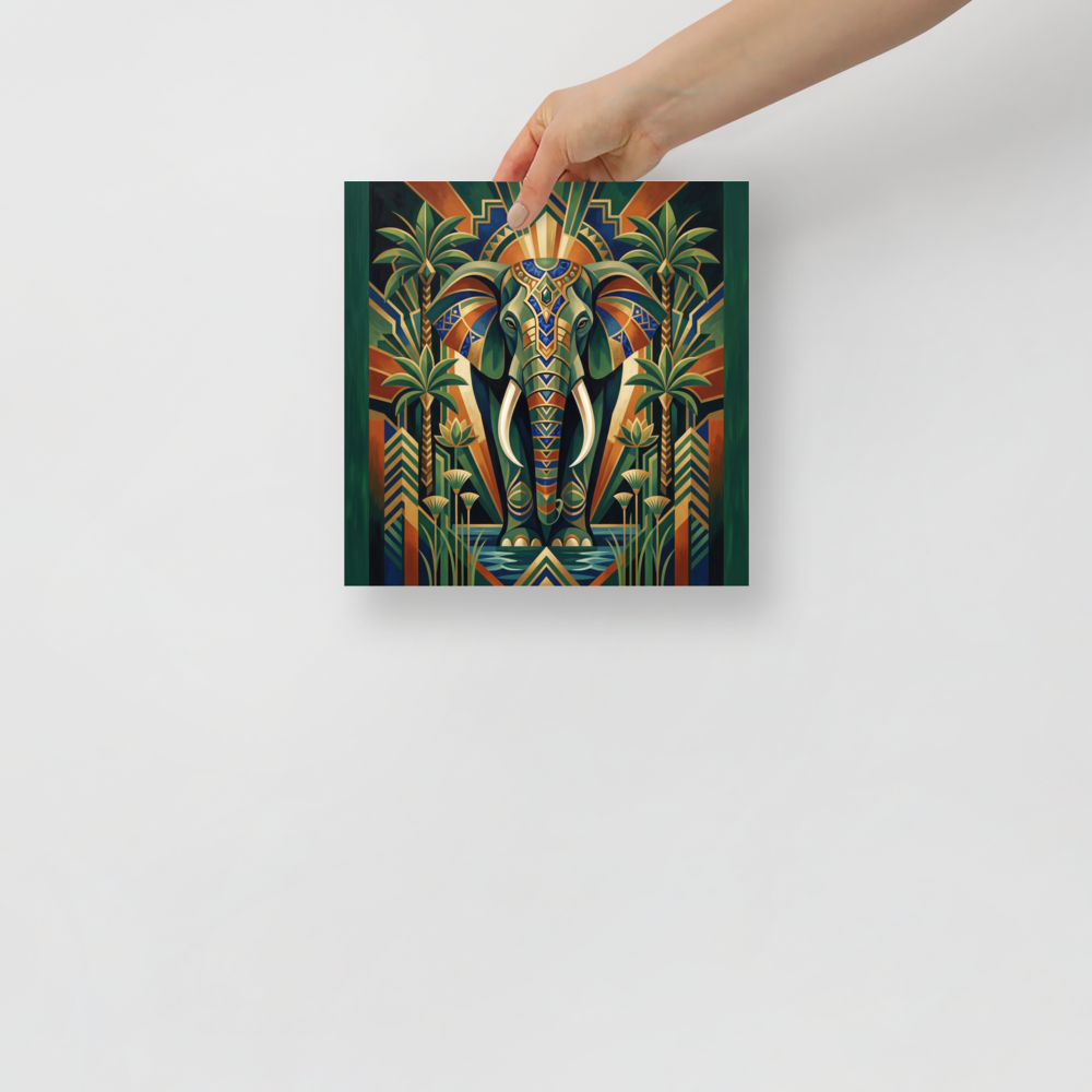 'The Deco Elephant' — a Art Deco print. A regal elephant adorned with geometric patterns in a lush Art Deco oasis with palm trees and a sunburst, fitting for a Sunroom / Conservatory.