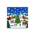 'Joyous Christmas Village' — a Naive art print. A cheerful Naive Art painting of a snowy Christmas village with a brightly decorated tree, carolers singing, and children playing, perfect for a lively Living Room.