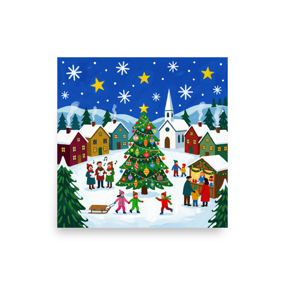 'Joyous Christmas Village' — a Naive art print. A cheerful Naive Art painting of a snowy Christmas village with a brightly decorated tree, carolers singing, and children playing, perfect for a lively Living Room.