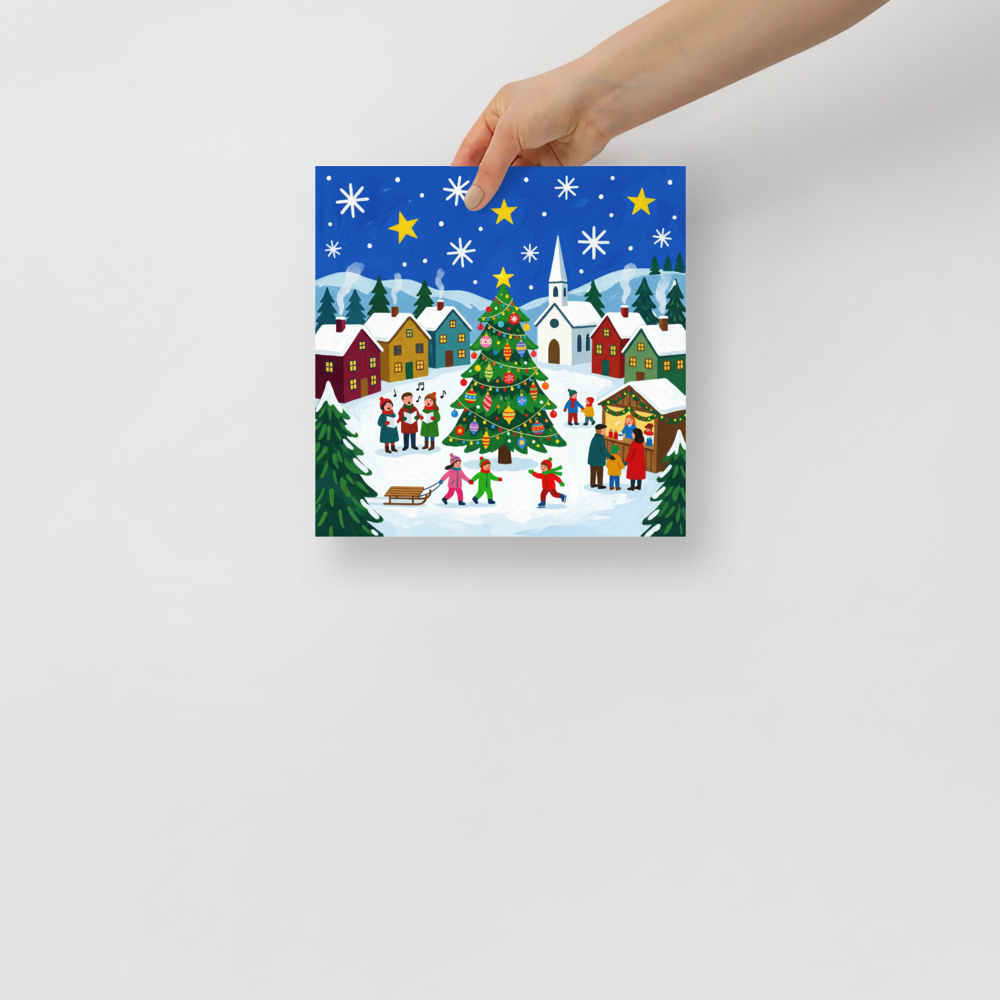 'Joyous Christmas Village' — a Naive art print. A cheerful Naive Art painting of a snowy Christmas village with a brightly decorated tree, carolers singing, and children playing, perfect for a lively Living Room.