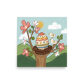 'Springtime Nest' — a Naive art print. A cheerful Naive Art painting of a decorated Easter egg resting in a nest with blooming pink flowers and small yellow birds, ideal for a bright Sunroom / Conservatory.