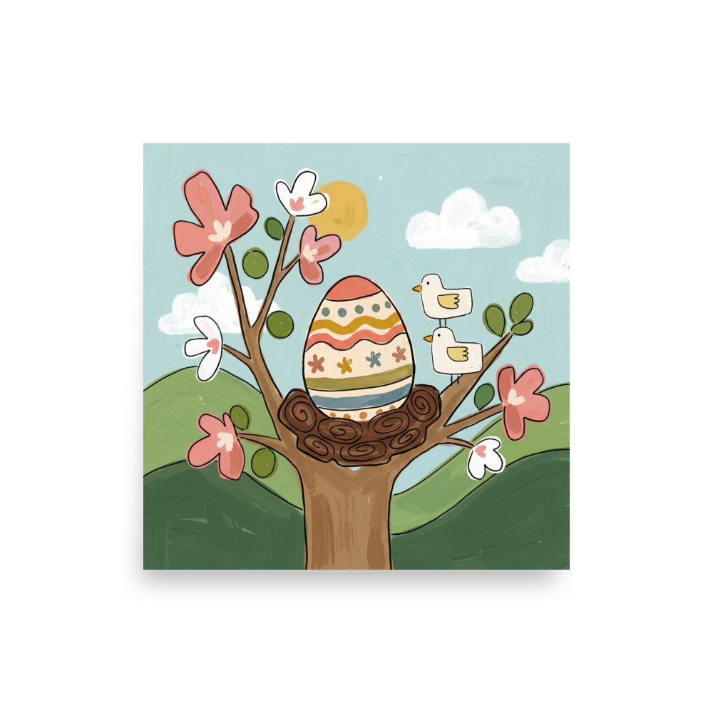 'Springtime Nest' — a Naive art print. A cheerful Naive Art painting of a decorated Easter egg resting in a nest with blooming pink flowers and small yellow birds, ideal for a bright Sunroom / Conservatory.