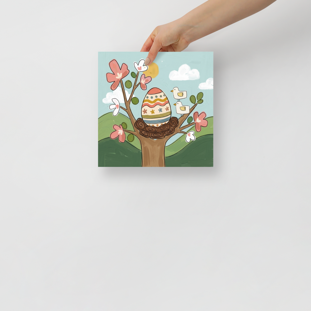 'Springtime Nest' — a Naive art print. A cheerful Naive Art painting of a decorated Easter egg resting in a nest with blooming pink flowers and small yellow birds, ideal for a bright Sunroom / Conservatory.