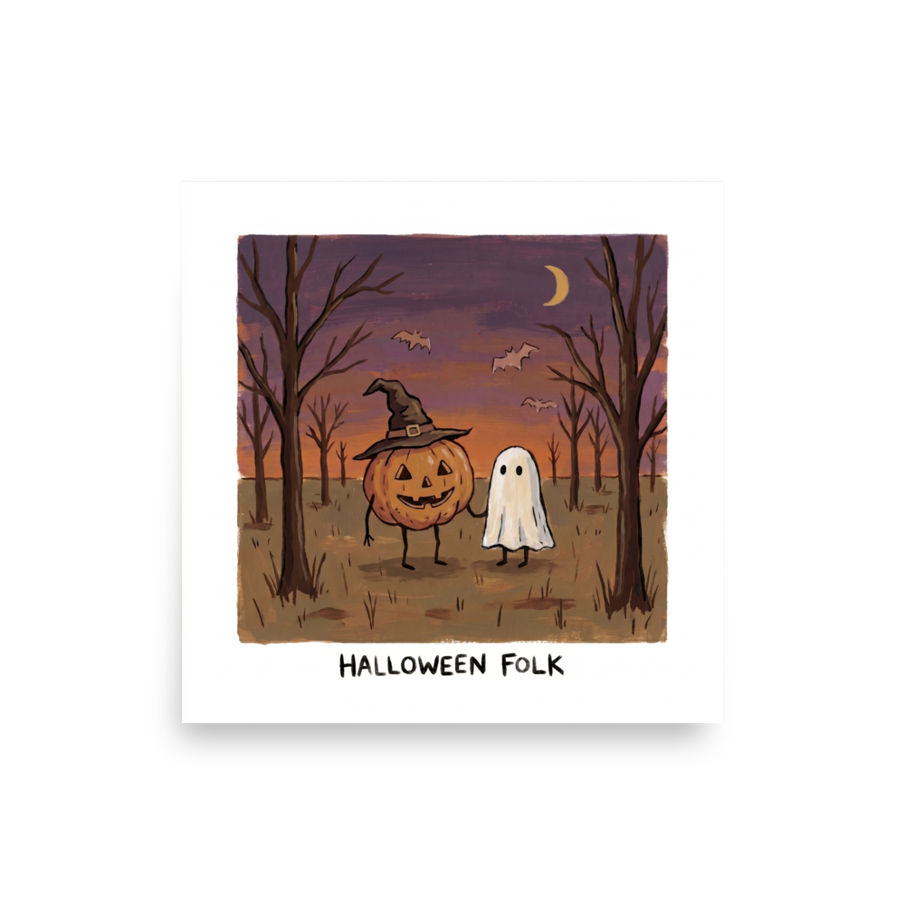 'Halloween Folk' — a Naive art print. A quaint Naive Art painting of a pumpkin character and a ghost holding hands in an autumn forest at dusk, a charming piece for a playful Game Room.