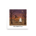 'Halloween Folk' — a Naive art print. A quaint Naive Art painting of a pumpkin character and a ghost holding hands in an autumn forest at dusk, a charming piece for a playful Game Room.