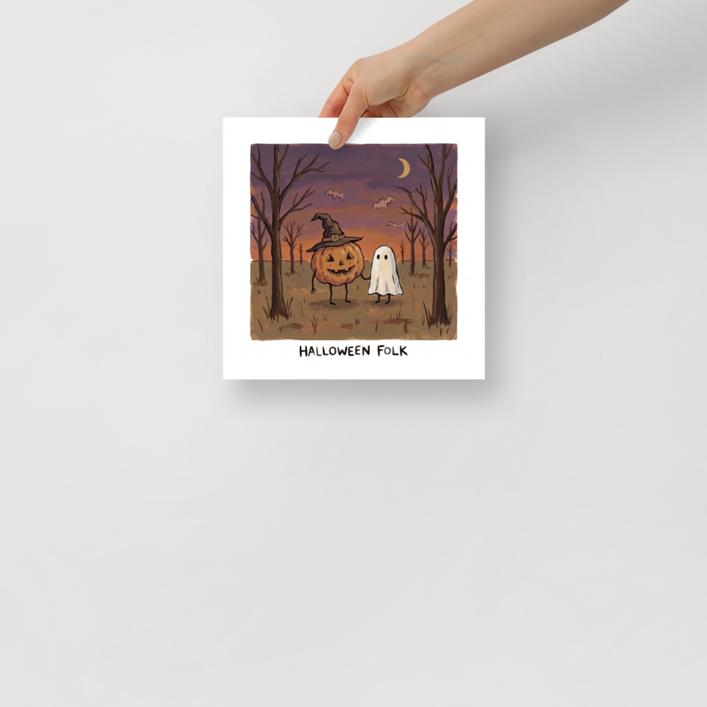 'Halloween Folk' — a Naive art print. A quaint Naive Art painting of a pumpkin character and a ghost holding hands in an autumn forest at dusk, a charming piece for a playful Game Room.