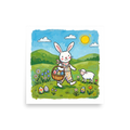 'Easter Bunny Stroll' — a Naive art print. A vibrant Naive Art painting of an Easter bunny carrying a basket of colorful eggs walking with a sheep in a sunny green landscape, lovely for a Nursery.
