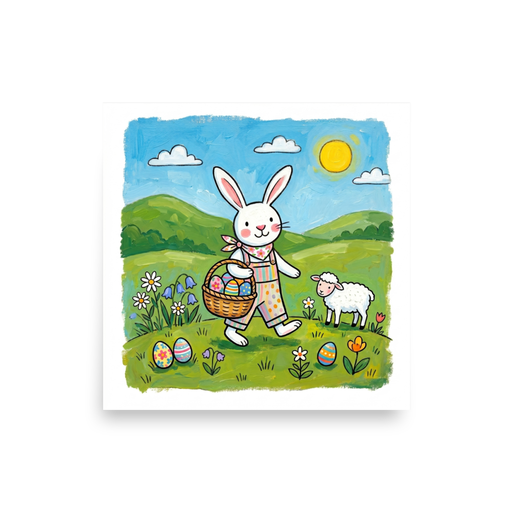 'Easter Bunny Stroll' — a Naive art print. A vibrant Naive Art painting of an Easter bunny carrying a basket of colorful eggs walking with a sheep in a sunny green landscape, lovely for a Nursery.