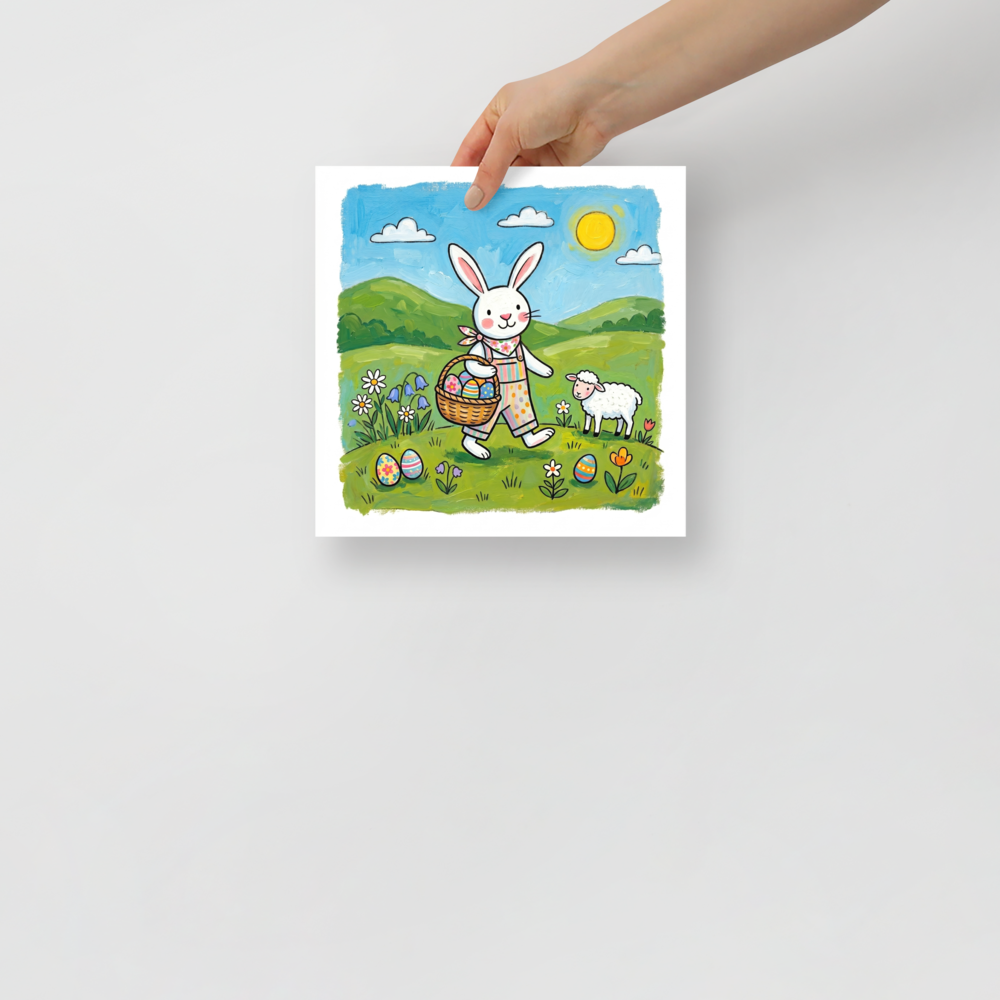 'Easter Bunny Stroll' — a Naive art print. A vibrant Naive Art painting of an Easter bunny carrying a basket of colorful eggs walking with a sheep in a sunny green landscape, lovely for a Nursery.